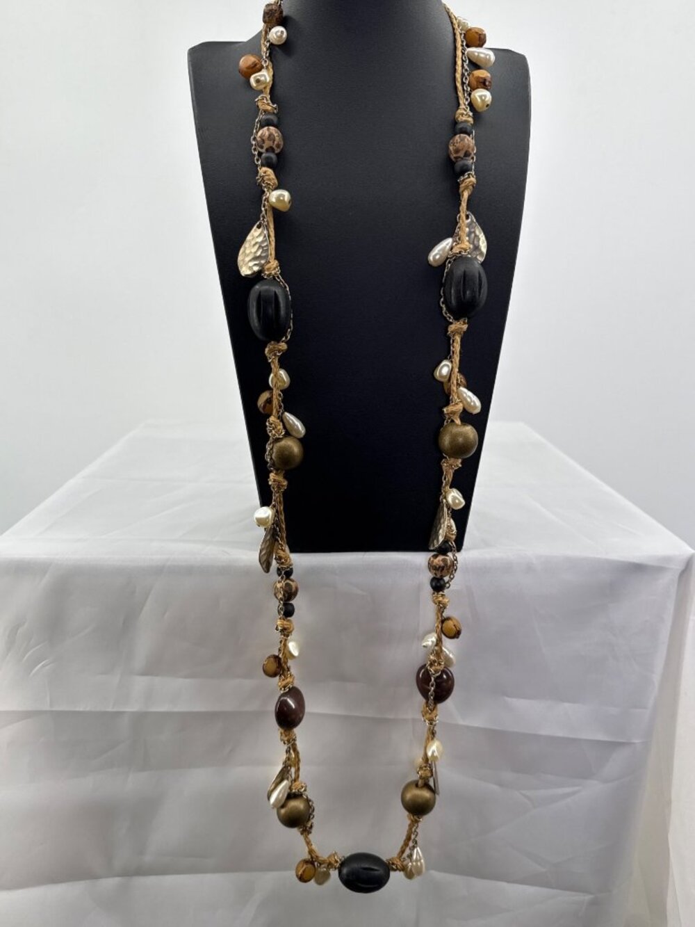 Chico's Boho Jute Twine Long Chain Statement Necklace Faux Pearl Wood Bead
